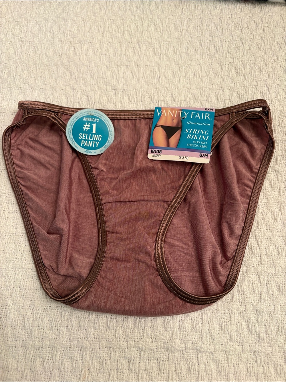 NWT Vanity Fair Brown String Bikini Panty size 6/M style 18108